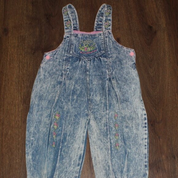 Girls Vintage Popsicle Acid Wash Pleated Front Overalls Denim Jeans Floral sz 4 - Picture 2 of 12